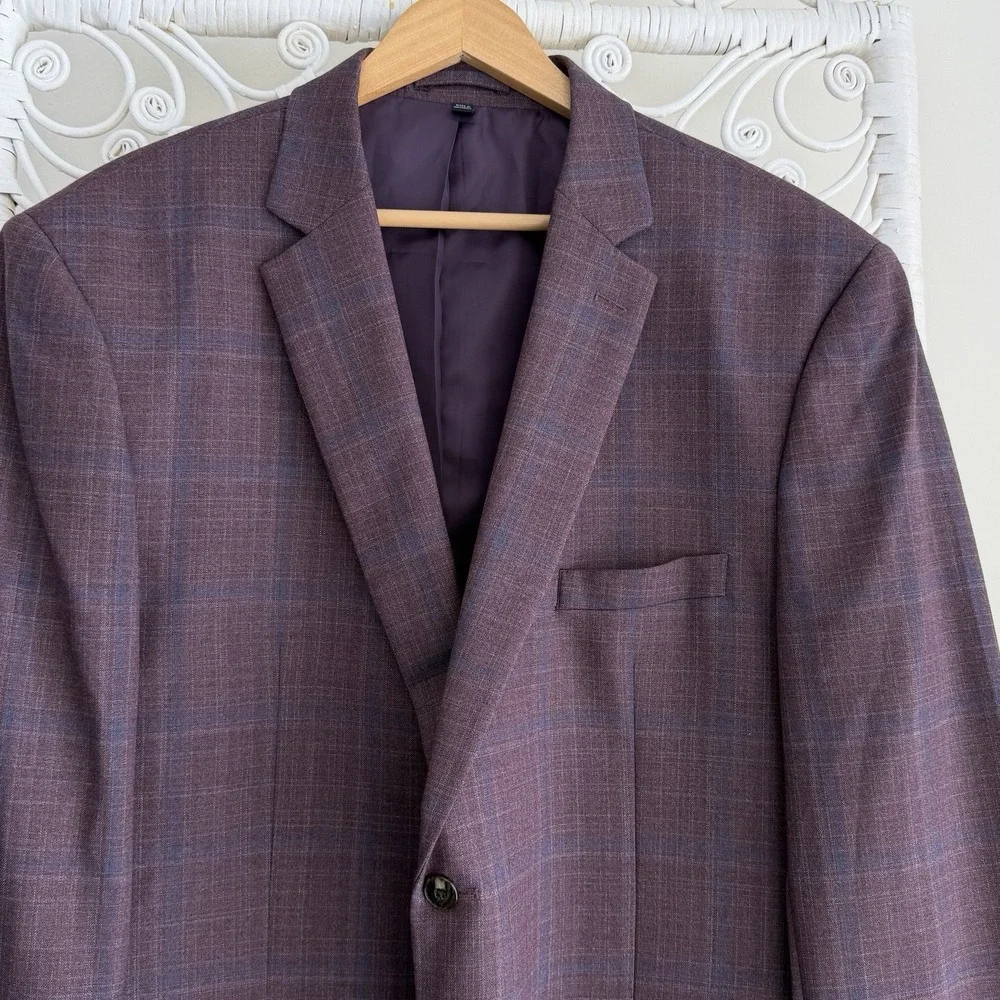 Jos A Bank Blazer Mens 46R Purple Plaid Wool Blend Sport Coat Dinner Jacket